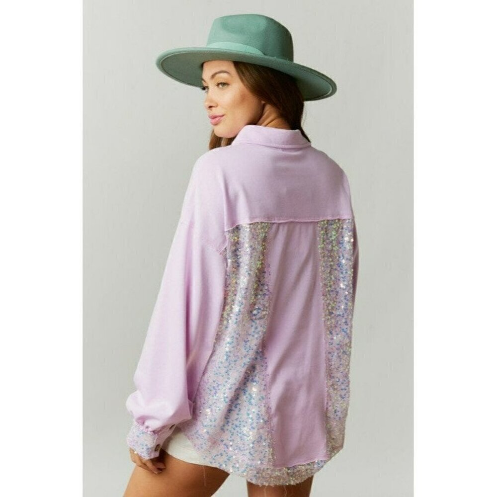 All Things Bling Sequin Contrast Color Block Shacket in Lavender - Picture 7 of 8